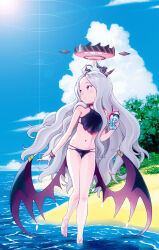 Rule 34 | 1girl, absurdres, ahoge, backlighting, bare shoulders, beach, bikini, black bikini, blue archive, blue sky, cloud, cocktail, cup, day, demon horns, demon wings, drinking glass, drinking straw, duplicate, full body, halo, highres, hijiri rei, hina (blue archive), horns, long hair, looking back, looking to the side, low wings, mechanical halo, navel, outdoors, parted bangs, pink eyes, sky, solo, sun, sunlight, swimsuit, very long hair, wading, water, white hair, wings