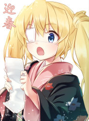 Rule 34 | 1girl, :o, blonde hair, blue eyes, eyepatch, floral print, hair between eyes, haori, hatsumoude, holding, japanese clothes, kimono, long hair, nakatsu shizuru, new year, pink kimono, rewrite, simple background, solo, tagame (tagamecat), twintails, upper body, white background