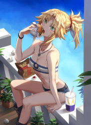 Rule 34 | 1girl, bag, balcony, bandeau, bare arms, bare shoulders, belt, black footwear, blonde hair, blue sky, boots, braid, breasts, burger, collarbone, commentary request, cup, cutoffs, day, denim, denim shorts, drinking straw, eating, fast food, fate/apocrypha, fate (series), food, french braid, french fries, green eyes, hair ornament, hair scrunchie, half up braid, highres, holding, holding food, jewelry, long hair, looking at viewer, micro shorts, mordred (fate), mordred (fate/apocrypha), mordred (memories at trifas) (fate), navel, necklace, open mouth, paper bag, parted bangs, ponytail, red scrunchie, scrunchie, short shorts, shorts, sidelocks, sitting, sky, small breasts, solo, stomach, tonee, wcdonald&#039;s