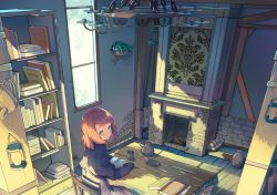 Rule 34 | 1girl, blue eyes, book, bookshelf, brown hair, capelet, chair, chandelier, cjl6y5r, cup, fireplace, from above, from behind, indoors, jar, lantern, looking at viewer, looking back, looking up, md5 mismatch, original, oweee, pitcher (container), plant, plate, pot, potted plant, resolution mismatch, sitting, sleeves past wrists, solo, source larger, swept bangs, table, watering can, window, wood