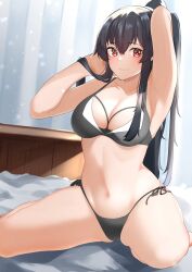 Rule 34 | 1girl, arms behind head, artist request, bed, bikini, black bikini, black hair, breasts, cleavage, curtains, highres, kantai collection, large breasts, long hair, looking at viewer, ponytail, red eyes, side-tie bikini bottom, sitting, solo, swimsuit, very long hair, wariza, yahagi (kancolle)