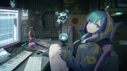 Rule 34 | 1girl, anzi, black shirt, blue eyes, blue hair, blue jacket, breasts, chair, closed mouth, commentary request, eyebrows hidden by hair, gaming chair, glowing, headgear, headphones, highres, hologram, hood, hood up, hooded jacket, indoors, instrument, jacket, keyboard (computer), keyboard (instrument), knees up, long sleeves, looking at viewer, monitor, mouse (computer), office chair, on chair, open clothes, open jacket, original, shirt, sitting, sleeves past wrists, small breasts, soda bottle, solo, speaker, swivel chair