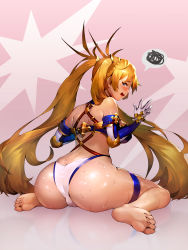 Rule 34 | 1girl, absurdres, ass, bare shoulders, barefoot, bikini, blonde hair, blue eyes, blush, bradamante (fate), bradamante (third ascension) (fate), braid, breasts, butt crack, cameltoe, elbow gloves, fate/grand order, fate (series), french braid, gloves, hair between eyes, highres, large breasts, leotard, long hair, looking at viewer, pink background, radjeong, sideways mouth, sitting, skindentation, solo, sweat, swimsuit, thigh strap, twintails, very long hair, wariza, white gloves
