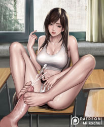 Rule 34 | 1girl, absurdres, barefoot, breasts, brown eyes, brown hair, chair, cleavage, cum, desk, ejaculation, feet, final fantasy, final fantasy vii, footjob, highres, large breasts, licking lips, long hair, miniskirt, panties, pantyshot, parted lips, penis, sitting, skirt, square enix, suspenders, tifa lockhart, toes, tongue, tongue out, uncensored, underwear