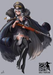 Rule 34 | 1girl, black footwear, blazer, blue hair, bolt action, boots, breasts, choker, cleavage, closed mouth, copyright name, cross, cross-laced footwear, cross choker, english text, full body, fur, girls&#039; frontline, gold trim, grey background, gun, hair between eyes, high heel boots, high heels, holding, holding gun, holding weapon, iron cross, jacket, jacket on shoulders, kar98k (girls&#039; frontline), lace-up boots, lion (dielion), logo, long hair, looking away, mauser 98, md5 mismatch, medium breasts, red eyes, resolution mismatch, rifle, shell casing, skirt, smoke, solo, source larger, thigh boots, thighhighs, very long hair, weapon, white skirt
