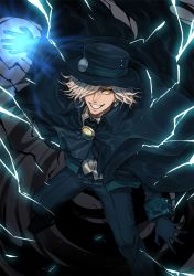 Rule 34 | 1boy, ascot, black ascot, black coat, black gloves, black hat, black pants, coat, edmond dantes (fate), energy, fate/grand order, fate (series), fedora, from above, gloves, grin, hair over one eye, hat, highres, kiritani846, looking at viewer, male focus, pants, smile, solo, white hair, yellow eyes