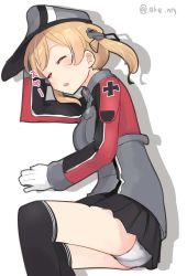 Rule 34 | 1girl, ahenn, anchor hair ornament, black skirt, black thighhighs, blonde hair, blush, breasts, closed eyes, cross, gloves, hair ornament, hat, iron cross, kantai collection, lying, medium breasts, on side, open mouth, panties, peaked cap, prinz eugen (kancolle), shadow, simple background, skirt, sleeping, solo, thighhighs, twintails, twitter username, underwear, white background, white gloves, white panties