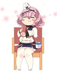 Rule 34 | 1girl, aylwin (azur lane), azur lane, black neckerchief, black sailor collar, blue skirt, blush, blush stickers, breasts, buttons, cake, chair, chewing, closed eyes, collarbone, commentary request, covered erect nipples, double-breasted, eating, food, food on face, full-face blush, hair between eyes, hand on own cheek, hand on own face, hat, highres, horoyuki (gumizoku), long sleeves, medium breasts, medium hair, milk carton, neckerchief, pink eyes, pink hair, pleated skirt, plump, sailor collar, sailor hat, shirt, short hair, simple background, sitting, skirt, smile, solo, sparkle, striped clothes, striped wrist cuffs, suspenders, suspenders slip, swiss roll, thighhighs, weight conscious, white background, white shirt, white thighhighs, wrist cuffs