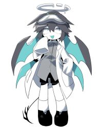 Rule 34 | 1boy, bat wings, blue eyes, blue hair, broken halo, coat, fang, full body, goggles, goggles on head, grey hair, hair between eyes, hair wings, halo, hand in pocket, humanization, kokum0tsu, lab coat, long hair, long sleeves, looking to the side, looking up, male focus, monster boy, multicolored hair, negative, open mouth, original, oversized sleeves, shorts, solo, solo focus, tail, white background, wings