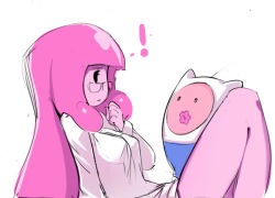 Rule 34 | !, 1boy, 1girl, adventure time, alternate hairstyle, blowing bubbles, chewing gum, colored skin, eye contact, finn the human, glasses, hair down, hat, lab coat, long hair, looking at another, pink hair, pink skin, princess bonnibel bubblegum, sexually suggestive, sho-n-d, simple background, white background