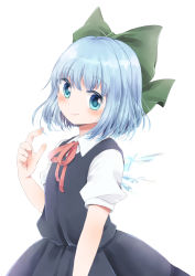 Rule 34 | 1girl, arm at side, arm up, blue eyes, blue hair, blue skirt, blue vest, blush, bow, cirno, cowboy shot, from side, green bow, hair between eyes, hair bow, head tilt, highres, kuromame (8gou), looking at viewer, puffy short sleeves, puffy sleeves, red ribbon, ribbon, shirt, short hair, short sleeves, simple background, skirt, smile, solo, thick eyebrows, touhou, vest, white background, white shirt, wing collar, wings