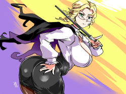 Rule 34 | 1girl, absurdres, ass, black skirt, blonde hair, breasts, cape, cleavage cutout, clothing cutout, erusantte, glasses, glynda goodwitch, green eyes, hand on own ass, highres, holding, holding weapon, huge ass, huge breasts, looking at viewer, looking back, pantyhose, purple cape, rwby, short hair, sideboob, skirt, teacher, weapon