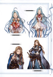 Rule 34 | 10s, 2girls, absurdres, armor, armored boots, bare shoulders, belt, blue eyes, blue hair, boots, box, bridal gauntlets, brown hair, cape, collarbone, dress, earrings, closed eyes, flower, gauntlets, gift, gift box, granblue fantasy, hand on own hip, heart, highres, holding, jewelry, katalina (granblue fantasy), long hair, looking at viewer, lyria (granblue fantasy), minaba hideo, multiple belts, multiple girls, non-web source, one eye closed, open mouth, red eyes, ribbon, scan, short dress, simple background, sleeveless, sleeveless dress, smile, sword, valentine, weapon, white dress