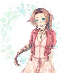 Rule 34 | 1girl, aerith gainsborough, arms behind back, blush, braid, braided ponytail, breasts, brown hair, choker, cowboy shot, cropped jacket, dress, final fantasy, final fantasy vii, final fantasy vii remake, floral background, flower choker, green eyes, hair ribbon, jacket, jo ro ri, long hair, looking to the side, medium breasts, open mouth, parted bangs, pink dress, pink ribbon, red jacket, ribbon, short sleeves, sidelocks, smile, solo, twitter username, wavy hair, white background