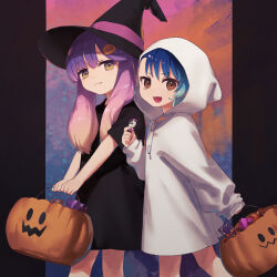 Rule 34 | 2girls, blonde hair, blue hair, candy, food, fukae (kancolle), ghost costume, gradient hair, gudrn, hair ornament, halloween, halloween bucket, hat, highres, kantai collection, looking at viewer, multicolored hair, multiple girls, open mouth, purple hair, tsushima (kancolle), witch hat, yellow eyes