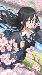 Rule 34 | 1girl, absurdres, bag, black-framed eyewear, black cardigan, black hair, blue eyes, blue necktie, branch, cardigan, cherry blossoms, collared shirt, commentary request, diagonal-striped clothes, diagonal-striped necktie, dress shirt, floating hair, flower, glasses, grey skirt, hair flower, hair ornament, hairclip, hand up, highres, kamome yuu, long hair, long sleeves, looking at viewer, necktie, original, parted lips, pink flower, plaid, plaid skirt, pleated skirt, purple flower, river, school bag, school uniform, shirt, skirt, sleeves past wrists, solo, striped clothes, very long hair, water, white shirt