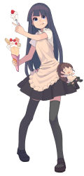 Rule 34 | 1girl, :p, apron, asamoto, black hair, blue eyes, brown hair, character doll, chibi, food, food on face, fruit, ice cream, ice cream on face, long hair, open mouth, ponytail, solo, strawberry, taneshima popura, thighhighs, tongue, tongue out, waitress, whipped cream, working!!, yamada aoi, zettai ryouiki