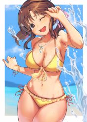 Rule 34 | 1girl, absurdres, bikini, blush, bracelet, breasts, brown eyes, brown hair, cleavage, collarbone, day, earrings, highres, idolmaster, idolmaster cinderella girls, jewelry, large breasts, lc butter, looking at viewer, navel, necklace, one eye closed, open mouth, outdoors, smile, solo, swimsuit, totoki airi, water, yellow bikini