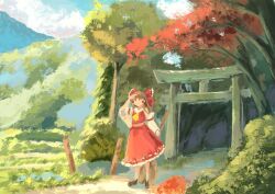Rule 34 | 1girl, absurdres, ascot, bow, broom, brown eyes, brown footwear, brown hair, collared shirt, detached sleeves, faux traditional media, frilled bow, frilled skirt, frills, hakurei reimu, highres, medium hair, mountain, outdoors, red bow, red shirt, red skirt, road, scenery, shirt, shoes, sidelocks, skirt, skirt set, sleeveless, sleeveless shirt, solo, theta (theta456697010), torii, touhou, tree, white sleeves, wide sleeves, yellow ascot
