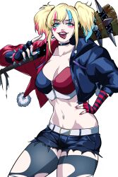Rule 34 | 1girl, absurdres, belt, blonde hair, blue eyes, blue nails, bracelet, breasts, cleavage, club, club (weapon), collarbone, cowboy shot, dc comics, fingerless gloves, gloves, hand on own hip, harley quinn, highres, holding, holding weapon, jacket, jerukperaz, jewelry, large breasts, looking at viewer, midriff, multicolored clothes, multicolored hair, navel, open clothes, open jacket, open mouth, red lips, red nails, short shorts, short twintails, shorts, solo, spiked bracelet, spiked club, spikes, suicide squad, suicide squad isekai, thighhighs, tongue, tongue out, torn clothes, torn thighhighs, twintails, weapon