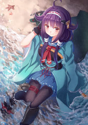 Rule 34 | 10s, 1girl, ahoge, aircraft, airplane, beach, black gloves, black pantyhose, blue skirt, from above, gloves, hair ornament, hair tubes, hairband, hand to head, haori, japanese clothes, kantai collection, li luo, long hair, long sleeves, looking away, muneate, neckerchief, outdoors, pantyhose, pleated skirt, purple hair, red eyes, ripples, ryuuhou (kancolle), ryuuhou kai ni (kancolle), sailor collar, sidelocks, signature, sitting, skirt, smile, soaking feet, solo, starfish, taigei (kancolle), thigh strap, twintails, water, wide sleeves