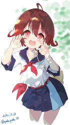 Rule 34 | 1girl, black sailor collar, brown hair, claw pose, commentary request, cowboy shot, cropped legs, dated, gradient hair, highres, kantai collection, looking at viewer, multicolored clothes, multicolored hair, multicolored skirt, mutsuki (kancolle), neckerchief, nyahu (nyahu 77), official alternate costume, open mouth, pleated skirt, red eyes, red hair, red neckerchief, round teeth, sailor collar, short hair, skirt, smile, solo, teeth, twitter username, upper teeth only, white background