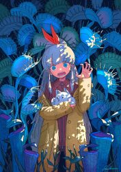 Rule 34 | arm up, blue eyes, bow, carnivorous plant, claw pose, coat, creature, hair bow, head tilt, highres, holding, jonkumason, long coat, long hair, looking at viewer, open clothes, open coat, open mouth, original, pitcher plant, plant, shorts, venus flytrap, zipper