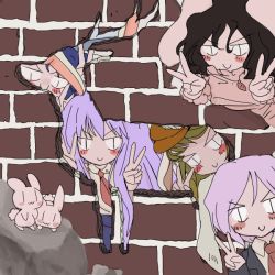 Rule 34 | 5girls, animal, animal ears, bad id, bad twitter id, black hair, blonde hair, blue hair, blush, blush stickers, bow, bowtie, brick wall, broken wall, carrot necklace, double v, dress, floppy ears, formal, hat, inaba mob (touhou), inaba tewi, jewelry, multiple girls, necklace, oshouyu tabetai, outline, peeking out, pink dress, purple hair, rabbit, rabbit ears, reisen, reisen udongein inaba, ringo (touhou), rock, seiran (touhou), shirt, smile, suit, touhou, v, wall