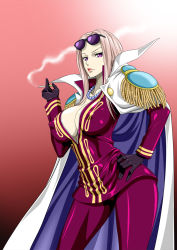 Rule 34 | 1girl, black gloves, blonde hair, breasts, cape, cigarette, cleavage, collarbone, covered erect nipples, cowboy shot, glasses, gloves, gradient background, hand on own hip, highres, hina (one piece), holding, jewelry, large breasts, legs, long hair, long sleeves, looking at viewer, necklace, nel-zel formula, one piece, pants, pink eyes, puffy nipples, serious, simple background, smoke, smoking, solo, standing, sunglasses, sunglasses on head, thighs