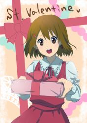 Rule 34 | 1girl, brown eyes, brown hair, dress, gift, hirasawa yui, holding, holding gift, incoming gift, k-on!, mocchii (mogitate-kajitu), ribbon, short hair, solo, valentine