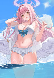 Rule 34 | 1girl, absurdres, alternate costume, angel wings, bikini, blue archive, feathered wings, frills, hair bun, halo, hatae0226 (hty), highres, low wings, mika (blue archive), navel, pink hair, pink halo, single side bun, solo, swimsuit, water, wet, white bikini, white wings, wing ornament, wings, yellow eyes
