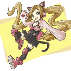 Rule 34 | 1girl, absurdres, animal ear headphones, animal ears, animal hands, ankle boots, black thighhighs, blonde hair, blue eyes, boots, breasts, cat ear headphones, cat ears, cat tail, chibi, choker, cleavage, commentary request, fake animal ears, full body, gloves, headphones, highres, knee pads, long hair, lucky chloe, na desuyone, namco, paw gloves, simple background, smile, solo, tail, tekken, tekken 7, thighhighs, very long hair