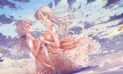 Rule 34 | 2girls, :d, bare arms, bare shoulders, blue eyes, blue sky, blush, breasts, cloud, cloudy sky, collarbone, commentary request, day, dress, eye contact, frilled dress, frills, from side, grey hair, hair between eyes, highres, holding hands, layered dress, looking at another, medium breasts, multiple girls, open mouth, outdoors, parted lips, pink dress, profile, sky, sleeveless, sleeveless dress, smile, sousouman, twinbox school, wading, water