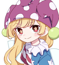 Rule 34 | 1girl, absurdres, american flag dress, blonde hair, blush, closed mouth, clownpiece, dress, fairy, fairy wings, hat, highres, jester cap, kame (kamepan44231), long hair, looking at viewer, polka dot, polka dot headwear, purple hat, red eyes, short sleeves, simple background, smile, solo, star-shaped pupils, star (symbol), star print, striped clothes, striped dress, symbol-shaped pupils, touhou, upper body, white background, wings
