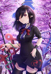 Rule 34 | 1girl, absurdres, ahoge, asymmetrical wings, black choker, black dress, black hair, black thighhighs, blue nails, blue sky, blue wings, bow, bowtie, breasts, brown eyes, center frills, cherry blossoms, cherry tree, choker, closed mouth, commentary request, contrapposto, covered navel, cowboy shot, cowlick, dress, earrings, fang, fingernails, flower, frills, hair between eyes, highres, holding, holding polearm, holding weapon, houjuu nue, jewelry, looking at viewer, medium bangs, medium breasts, medium hair, one eye closed, pink flower, pointy ears, polearm, red bow, red bowtie, red wings, seiya (iiseven), short dress, short sleeves, signature, sky, smile, snake, snake armband, solo, stud earrings, thighhighs, tomoe (symbol), touhou, tree, trident, weapon, wings, wristband, zettai ryouiki