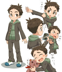 Rule 34 | 1boy, angry, antenna hair, bear, black jacket, black pants, blush, brown eyes, brown hair, cellphone, child, closed eyes, closed mouth, eisuke-kun, frown, green jacket, hand in pockets, happy, highres, jacket, japanese text, male focus, multiple views, open mouth, original, pants, phone, pocket, shadow, shiny skin, shoes, simple background, sneakers, solo focus, spiked hair, stuffed animal, stuffed toy, teddy bear, tjugemu, tongue, tongue out, translation request, white background