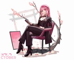 Rule 34 | 1girl, absurdres, black bow, black bowtie, black suit, bow, bowtie, chair, cherry blossoms, cherry tree, crossed legs, formal, hand on lap, high heels, highres, holding, holding knife, hololive, hololive english, knife, looking at viewer, mafia, mori calliope, pink eyes, pink hair, sitting, suit, torii, trustyskittles, virtual youtuber, white background