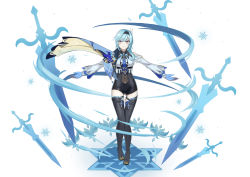 Rule 34 | 1girl, black leotard, black thighhighs, blue hair, cape, claymore (sword), commentary request, eula (genshin impact), full body, genshin impact, greatsword, hair between eyes, hair ornament, hairband, highres, ice crystal, leotard, long hair, long sleeves, looking at viewer, necktie, outstretched arms, parody, purple eyes, qiqi (genshin impact), sidelocks, simple background, solo, spread arms, standing, sword, thighhighs, two-tone gloves, vision (genshin impact), white background, yanwu-ji, zettai ryouiki