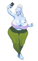 Rule 34 | 1girl, airpods, blue skin, breasts, bunkwizard, cellphone, cleavage, colored skin, dragon ball, dragon ball super, green legwear, hair pulled back, huge breasts, iphone, nail polish, outstretched arm, pants, phone, plump, ponytail, purple eyes, selfie, smartphone, solo, sportswear, steaming body, stirrup legwear, sweat, thick thighs, thighs, toeless legwear, toenail polish, toenails, vados (dragon ball), white background, white hair, wide hips, wireless earphones, yoga pants