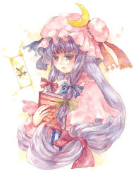 Rule 34 | 1girl, bad id, bad pixiv id, blunt bangs, book, card, crescent, crescent hair ornament, female focus, hair ornament, hair ribbon, hat, holding, holding book, knife, long hair, mabiko, patchouli knowledge, purple eyes, purple hair, ribbon, shiroma (mamiko), simple background, solo, touhou, upper body, very long hair, white background