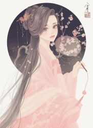 Rule 34 | 1girl, border, branch, brown eyes, brown hair, chinese clothes, closed mouth, embellished costume, flower, from side, hair ornament, half updo, hand fan, hanfu, highres, holding, holding fan, long hair, long sleeves, looking at viewer, looking to the side, original, paper fan, pink robe, plum blossoms, robe, round border, seal impression, signature, solo, straight hair, tassel, uchiwa, upper body, ushiyama ame, very long hair, wide sleeves