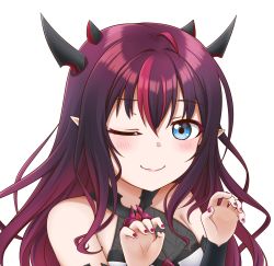 Rule 34 | 1girl, ;), absurdres, bare shoulders, blue eyes, blush, claw pose, closed mouth, fangs, fingernails, hair between eyes, heterochromia, highres, hololive, hololive english, horns, irys (hololive), irys (irys 1.0) (hololive), jan azure, looking at viewer, multicolored hair, multiple horns, nail polish, one eye closed, purple eyes, red eyes, red nails, sleeveless, smile, solo, transparent background, virtual youtuber