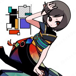 Rule 34 | 1girl, arm up, brown hair, closed mouth, dress, grey dress, halftone, hand in own hair, looking at viewer, machigami yoh, multicolored clothes, multicolored dress, obi, original, red dress, red eyes, sash, shapes, short hair, short sleeves, solo, swept bangs, tassel, twitter username, white background