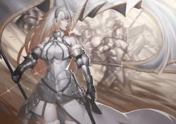 Rule 34 | 1girl, absurdres, armor, armored dress, bare shoulders, blonde hair, blue eyes, blurry, breasts, closed mouth, cowboy shot, depth of field, fate/grand order, fate (series), faulds, flag, from side, gauntlets, gluteal fold, headpiece, highres, jeanne d&#039;arc (fate), jeanne d&#039;arc (ruler) (fate), jeanne d&#039;arc (third ascension) (fate), knight, long hair, looking away, medium breasts, profile, sheath, sheathed, solo focus, sword, thighhighs, tollrin-senpai, very long hair, weapon