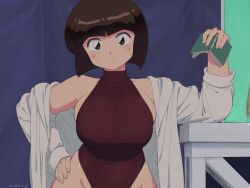 Rule 34 | 1980s (style), 1girl, bare shoulders, blush, bob cut, breasts, brown eyes, brown hair, casual one-piece swimsuit, commentary request, curvy, dated, halterneck, hand on own hip, hand on table, highleg, highleg swimsuit, holding, holding notebook, indoors, jacket, large breasts, looking at viewer, mage (harumagedon), notebook, off shoulder, oldschool, one-piece swimsuit, ranma 1/2, retro artstyle, shiny skin, short hair, signature, skindentation, sky, solo, swimsuit, tendou nabiki, turtleneck, turtleneck one-piece swimsuit, watermark, white jacket, wide hips
