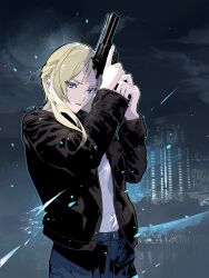 Rule 34 | 1girl, aya brea, beretta 92, black jacket, blonde hair, blue eyes, blue pants, building, closed mouth, cofffee, colored eyelashes, cowboy shot, denim, fighting stance, full moon, gun, hair over shoulder, handgun, holding, holding gun, holding weapon, jacket, jeans, leather, leather jacket, long hair, long sleeves, looking at viewer, moon, pants, parasite eve, shirt, solo, swept bangs, weapon, white shirt