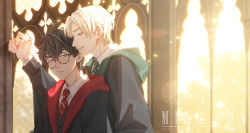 Rule 34 | 2boys, arm up, artist name, black hair, black robe, blonde hair, blue eyes, closed mouth, collar, day, draco malfoy, english text, eyebrows, glasses, green eyes, hand up, harry potter, harry potter (series), height difference, hogwarts school uniform, hood, looking at another, male focus, ming cha, multiple boys, necktie, parted lips, robe, round eyewear, school uniform, short hair, striped necktie, striped neckwear, teeth, uniform, window, wing collar, wizarding world