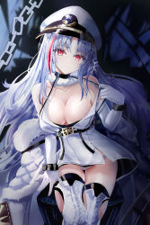 Rule 34 | 1girl, absurdres, age fx, azur lane, bare shoulders, boots, breasts, chain, chinese commentary, cleavage, coat, commentary request, cross-laced footwear, dress, elbow gloves, fur coat, gloves, hat, highres, large breasts, long hair, looking at viewer, off shoulder, open clothes, open coat, panties, peaked cap, red eyes, smile, solo, strap pull, tallinn (azur lane), thigh boots, thighhighs, underwear, white dress, white footwear, white gloves, white hair, white hat, white panties, wrist cuffs