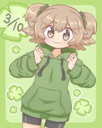 Rule 34 | 1girl, :3, aino mito, alternate costume, black shorts, brown eyes, clenched hands, closed mouth, cowboy shot, dated, dot nose, drawstring, dutch angle, green background, green hoodie, hands up, hood, hood down, hoodie, light brown hair, long sleeves, looking at viewer, magia record: mahou shoujo madoka magica gaiden, mahou shoujo madoka magica, pocket, reverse (bluefencer), short eyebrows, short hair, shorts, solo, thick eyebrows, two side up