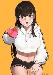 Rule 34 | 1girl, absurdres, box, crop top, dolphin shorts, ear piercing, earrings, gift, gift box, gift wrapping, hair between eyes, highres, hood, hoodie, jewelry, midriff, open mouth, piercing, shorts, simple background, thighs, valentine